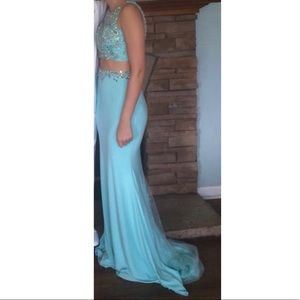 Mori Lee - 2 Piece Blue Beaded Prom Dress - Size 4 - Floor Length